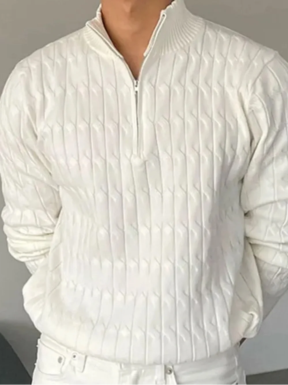 Textured Quarter Zip White Pullover Sweater Cable Knit Style Mock Neck Mens L
